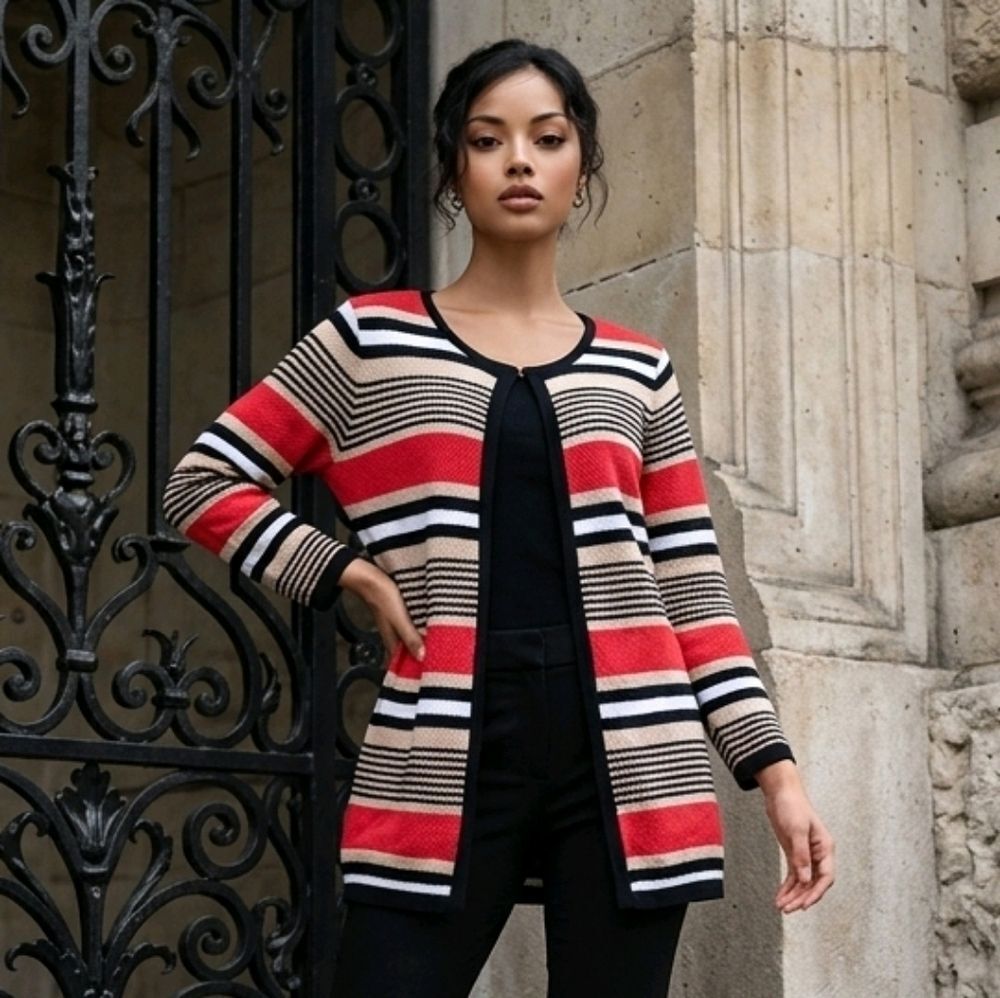 Flamingo Stripe Cardigan Colorful Open Front Soft Knit Workwear M Business Chic - Picture 1 of 10